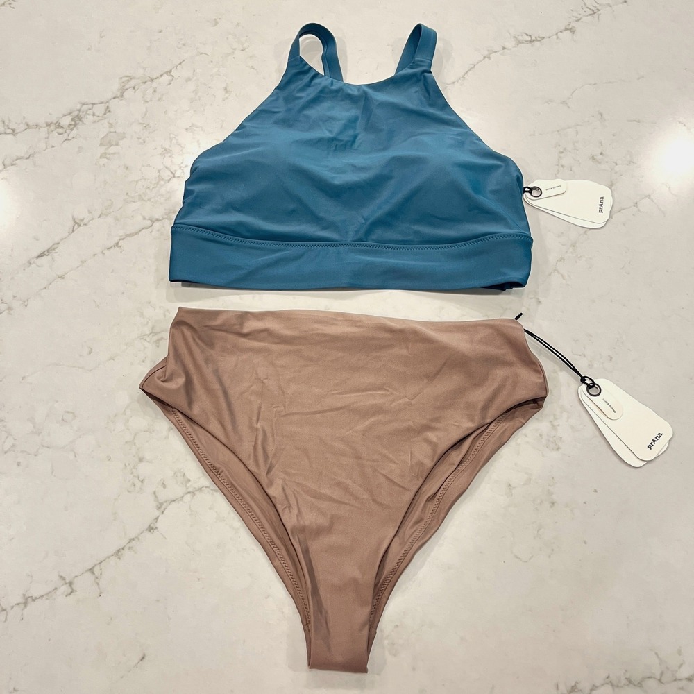 Prana NEW Bikini Set High Neck Top High Rise Bottom Womens M‎ Blue Tan Athletic